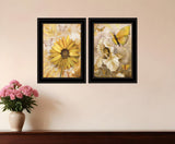 Set Of Two Flowers and Butterflies 2 Black Framed Print Wall Art - Homeroots