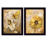 Set Of Two Flowers and Butterflies 3 Black Framed Print Wall Art - Homeroots