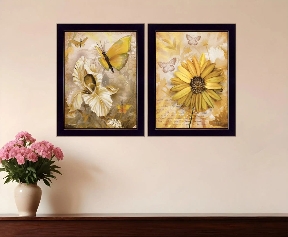 Set Of Two Flowers and Butterflies 3 Black Framed Print Wall Art - Homeroots