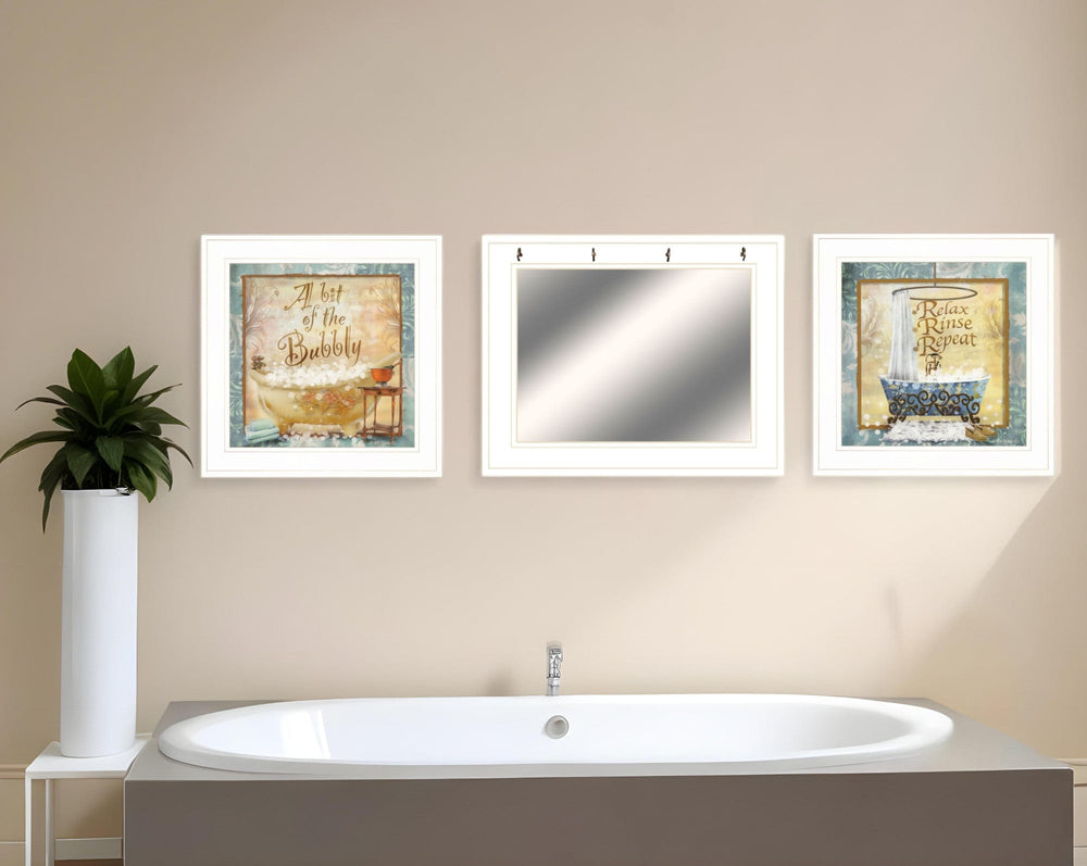 Set Of Three Bit of Bubbly White Framed Bathroom Wall Art With Mirror And Hooks - Homeroots