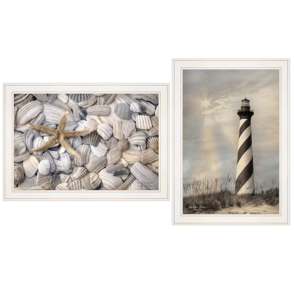 Set Of Two Cape Hatteras Lighthouse and Sea Shells 3 White Framed Print Wall Art - Homeroots - Flyclothing LLC