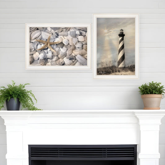 Set Of Two Cape Hatteras Lighthouse and Sea Shells 3 White Framed Print Wall Art