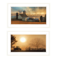 Set Of Two Farm Country Sunrise White Framed Print Wall Art