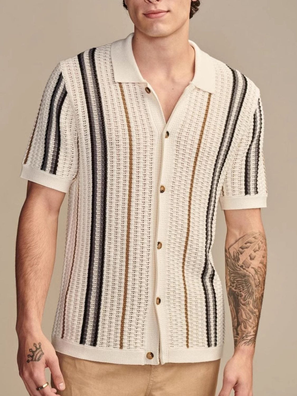 Men's Plus Size Striped Collared Neck Short Sleeve Shirt - Trendsi