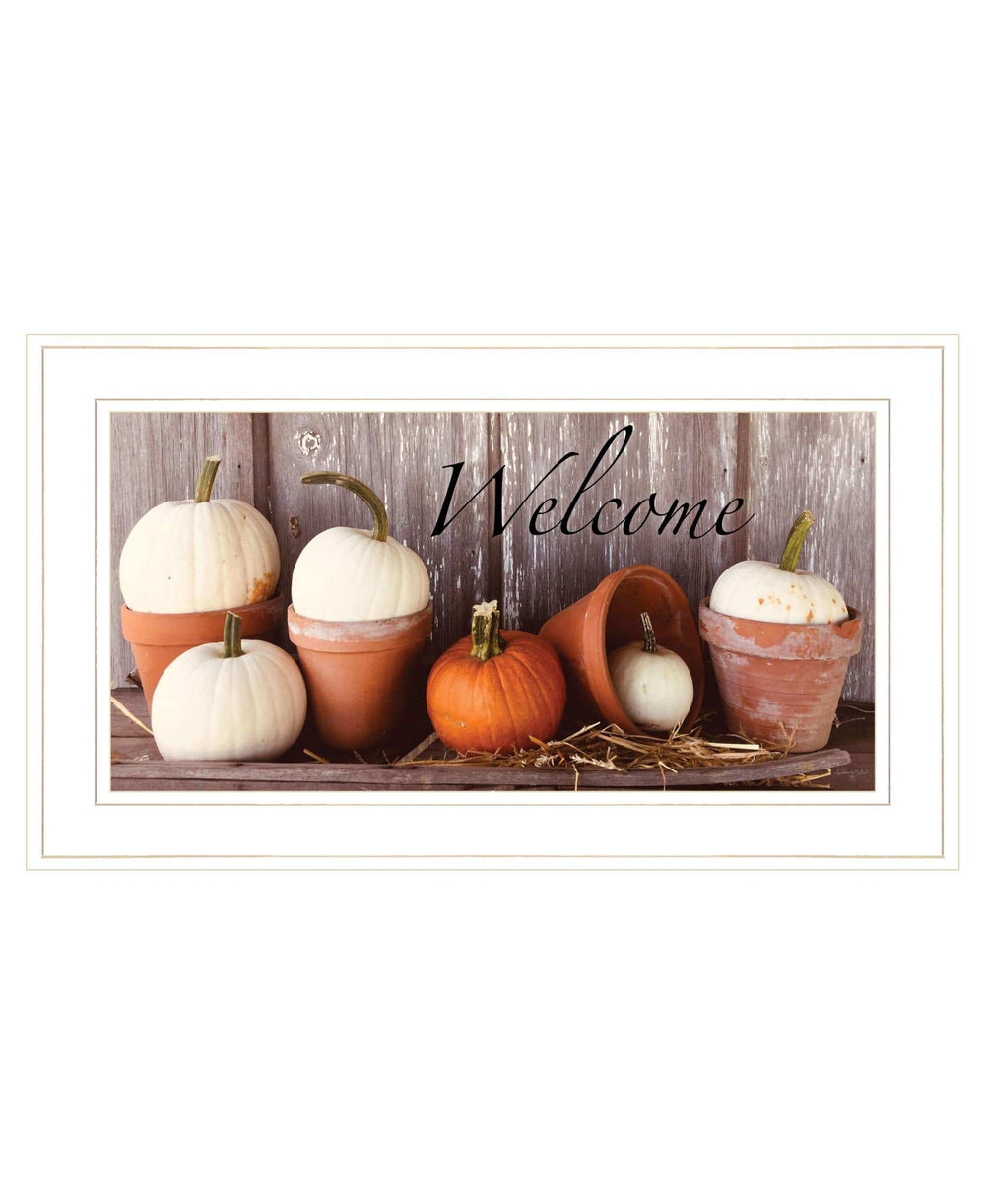 Welcome Pumpkin Shelf 1 White Framed Print Wall Art - Homeroots - Flyclothing LLC