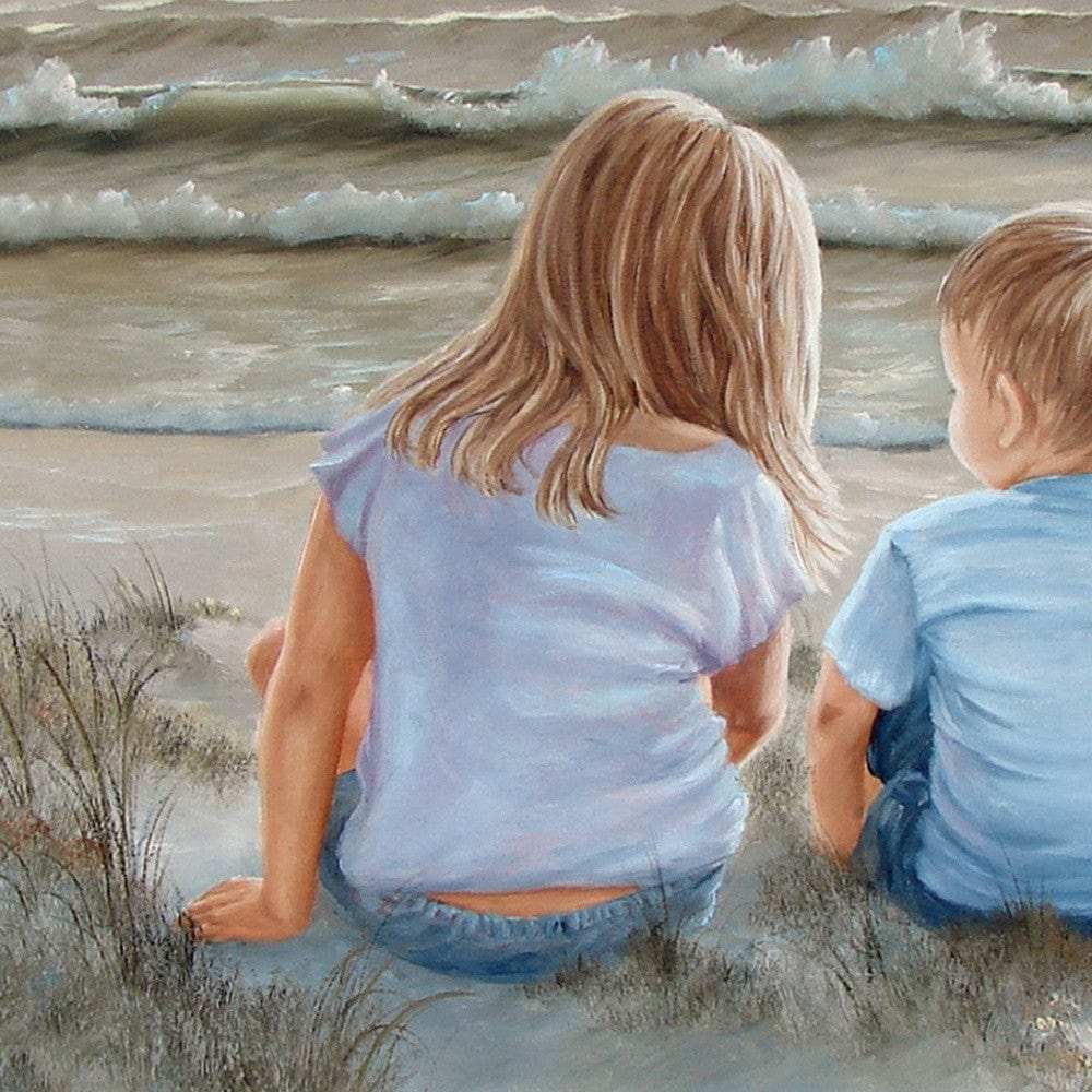 Boy and Girl Sitting in Dunes Brown Framed Print Wall Art - Homeroots - Flyclothing LLC