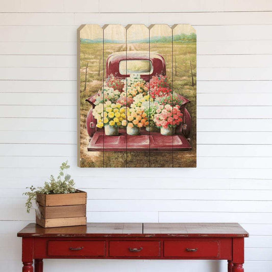 Pretty Red Truck Flowers for Sale Unframed Picket Fence Wall Art - Homeroots - Flyclothing LLC