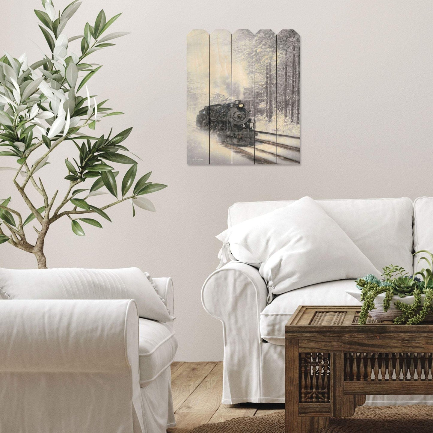 Snowy Locomotive Unframed Picket Fence Wall Art - Homeroots - Flyclothing LLC