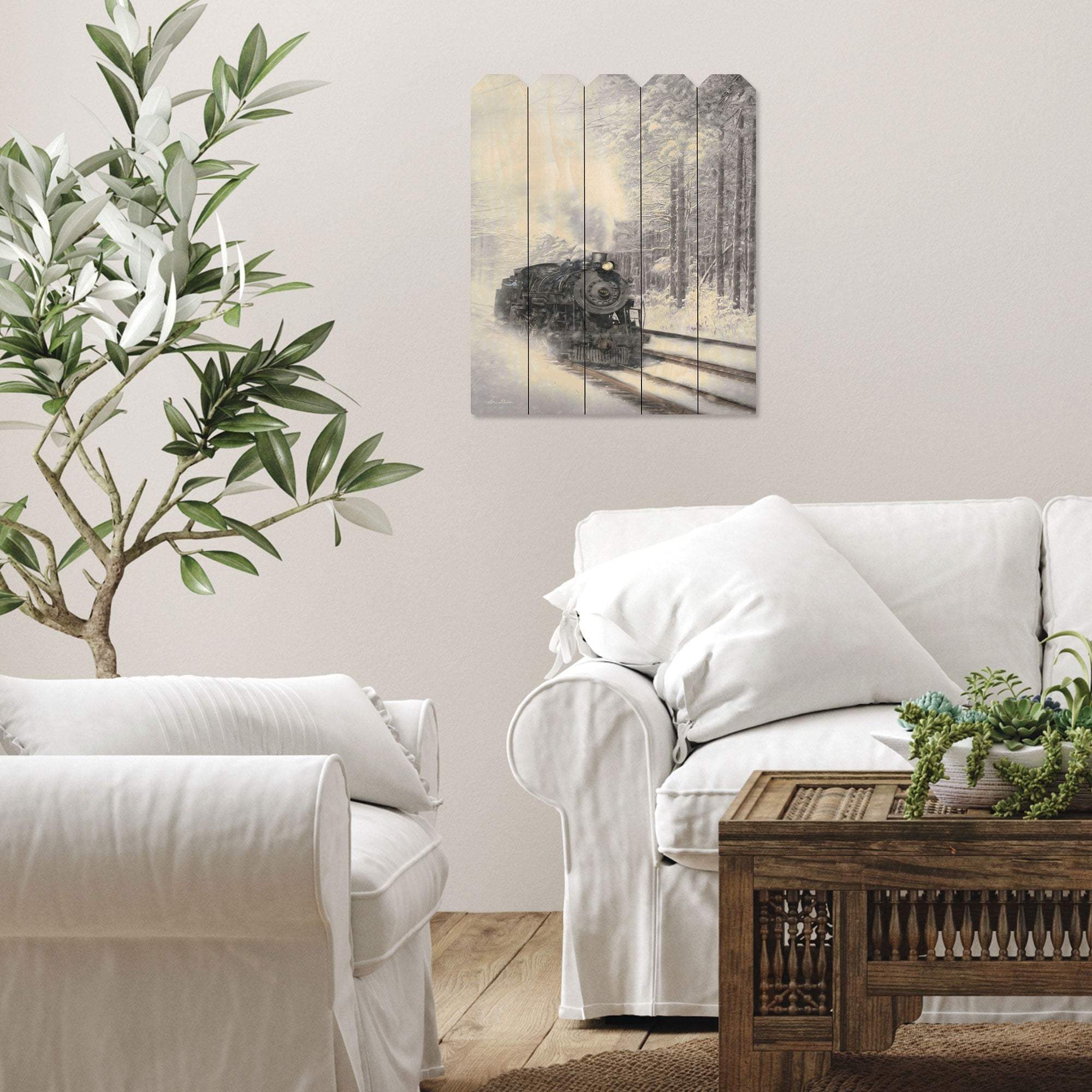 Snowy Locomotive Unframed Picket Fence Wall Art - Homeroots - Flyclothing LLC