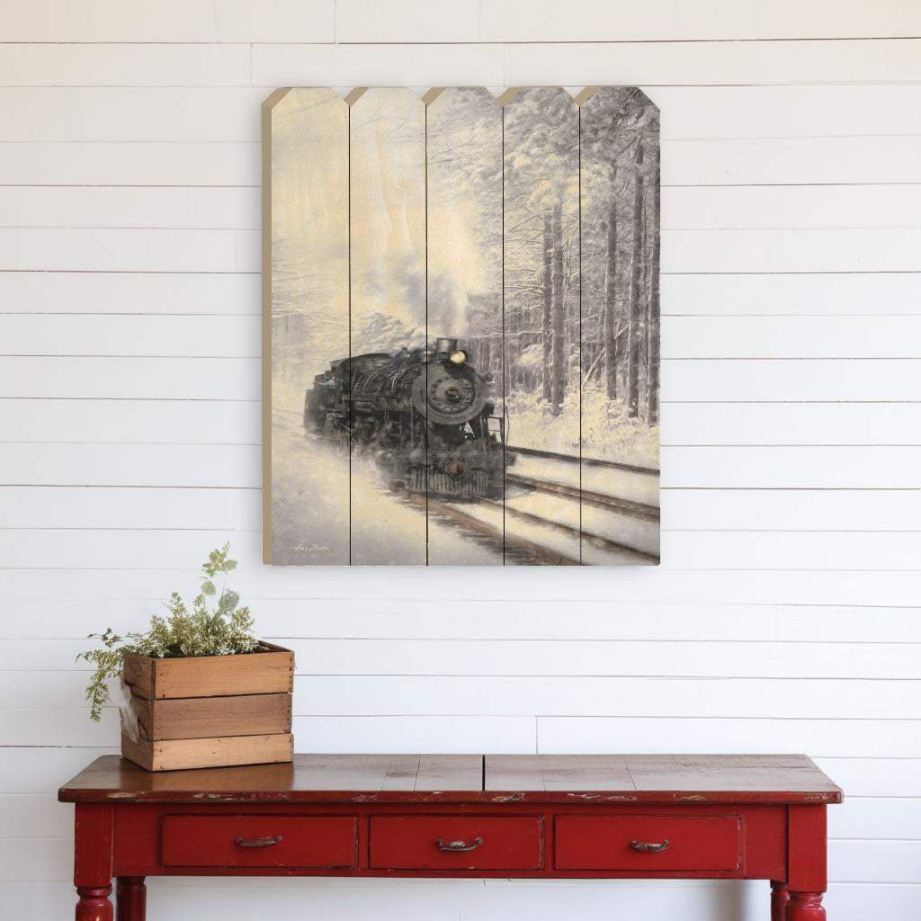 Snowy Locomotive Unframed Picket Fence Wall Art - Homeroots - Flyclothing LLC