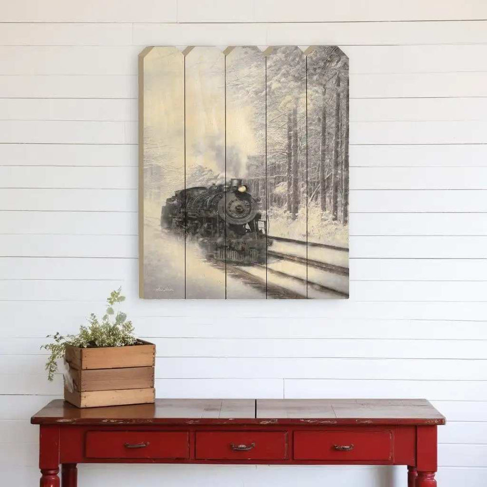 Snowy Locomotive Unframed Picket Fence Wall Art - Homeroots