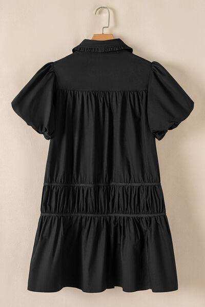 Button Down Puff Sleeve Ruffle Hem Dress - Trendsi - Flyclothing LLC