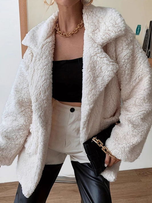Fuzzy Open Front Long Sleeve Coat - Trendsi