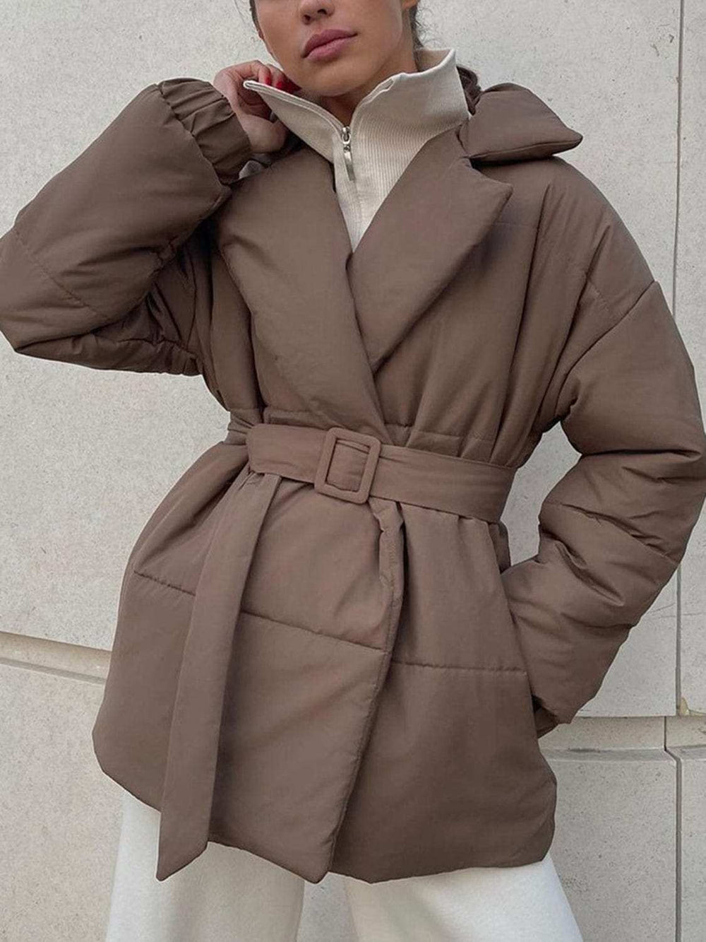 Puffer Long Sleeve Winter Coat with Belt - Trendsi - Flyclothing LLC