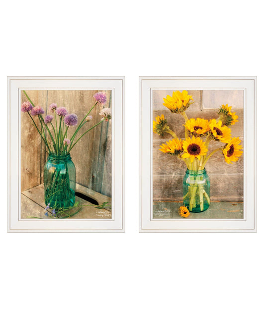 Set Of Two Country Sunflowers and Chives 1 White Framed Print Wall Art - Homeroots