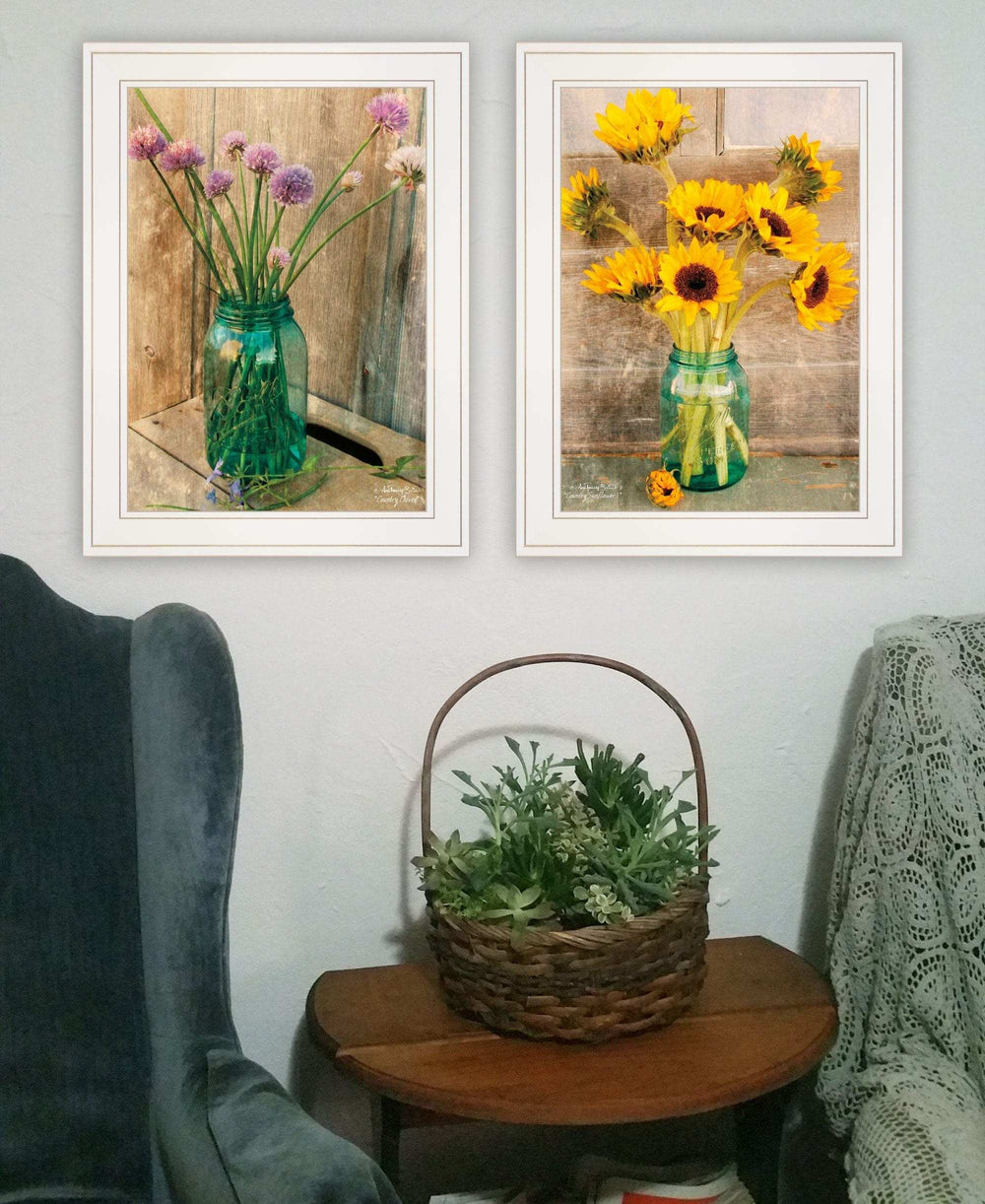 Set Of Two Country Sunflowers and Chives 1 White Framed Print Wall Art - Homeroots - Flyclothing LLC