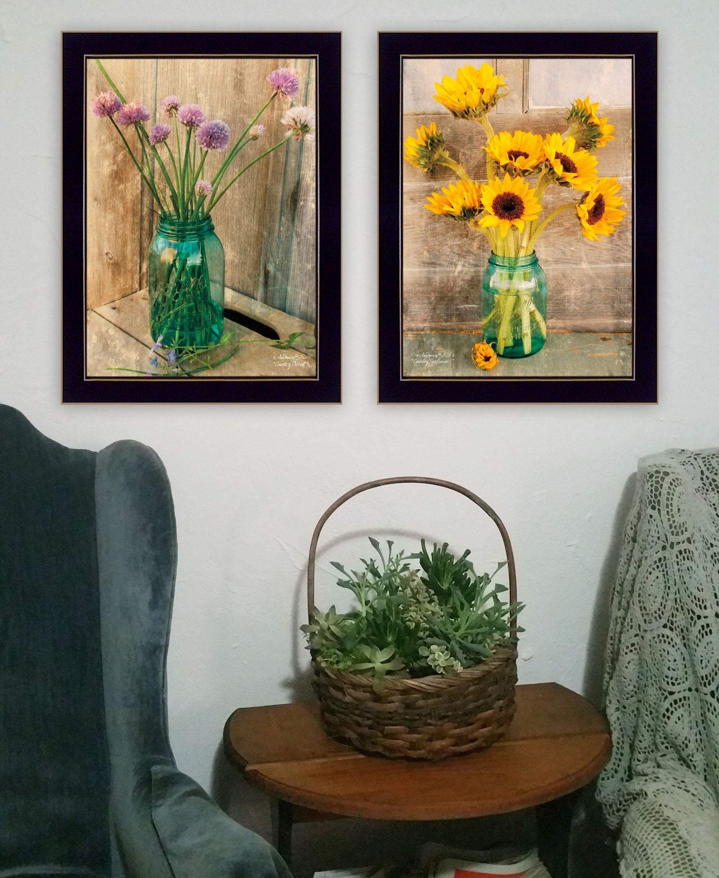 Set Of Two Country Sunflowers and Chives Black Framed Print Wall Art - Homeroots - Flyclothing LLC