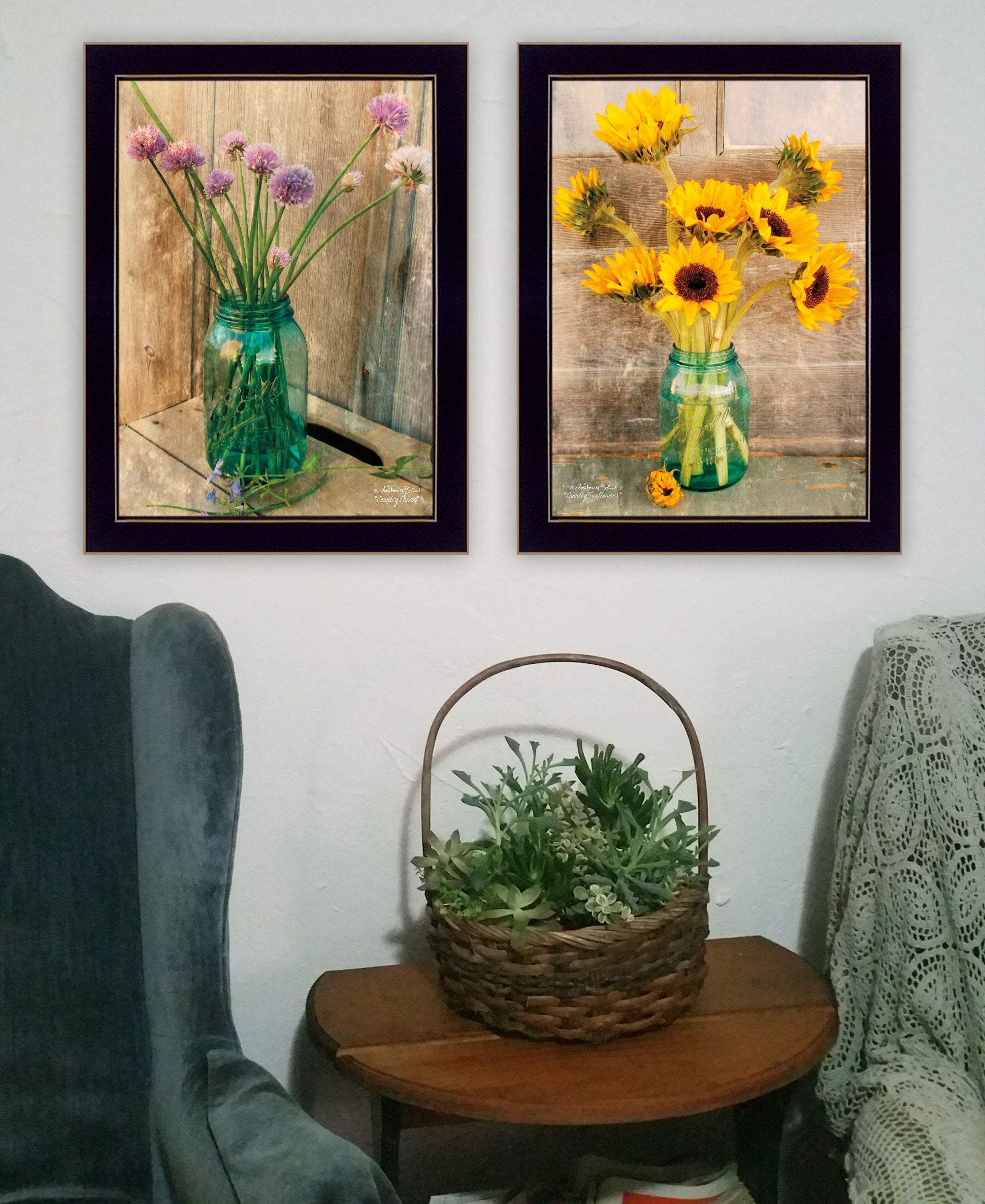 Set Of Two Country Sunflowers and Chives Black Framed Print Wall Art - Homeroots - Flyclothing LLC