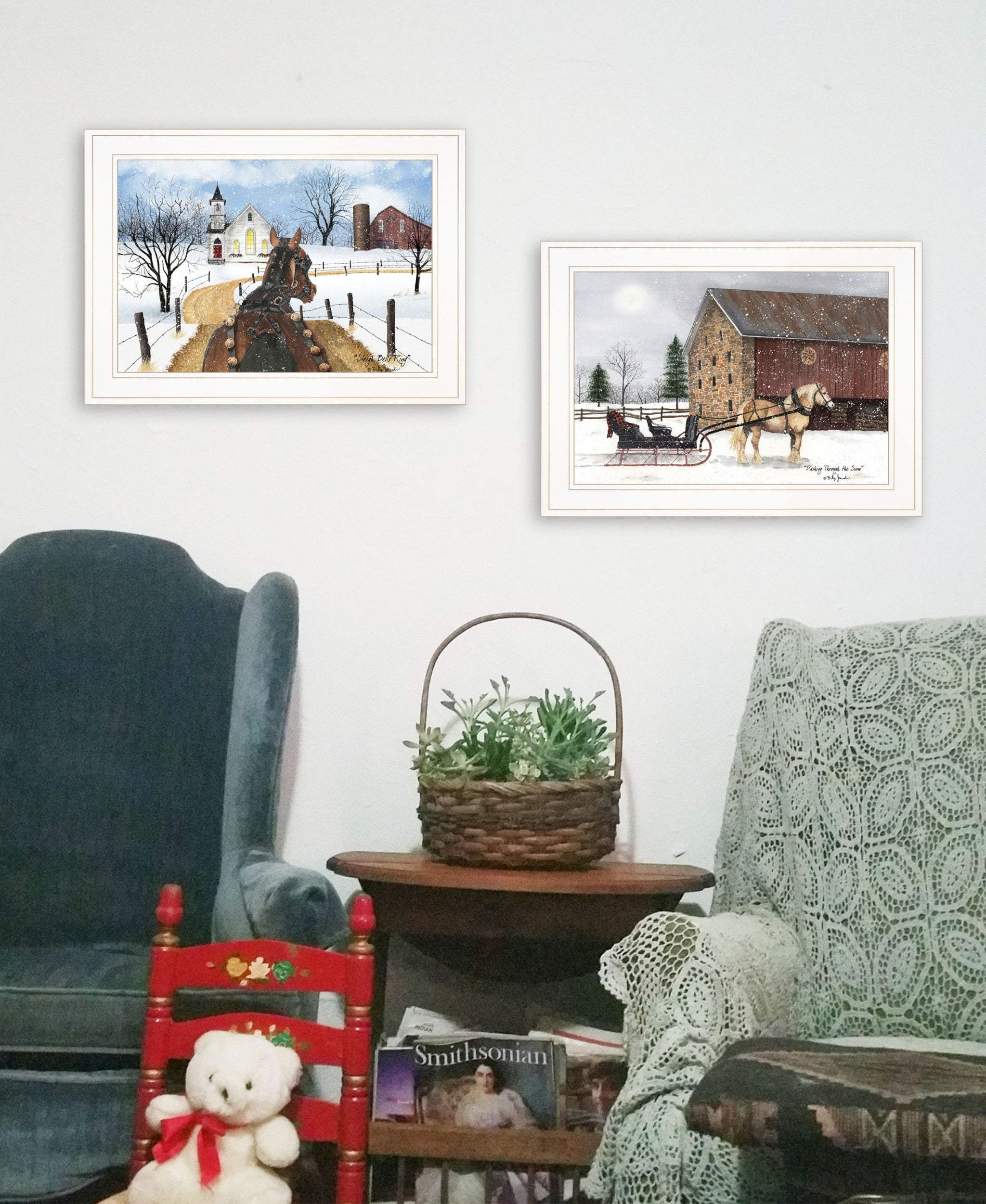 Set Of Two Sleigh Bells Ringing White Framed Print Wall Art - Homeroots - Flyclothing LLC