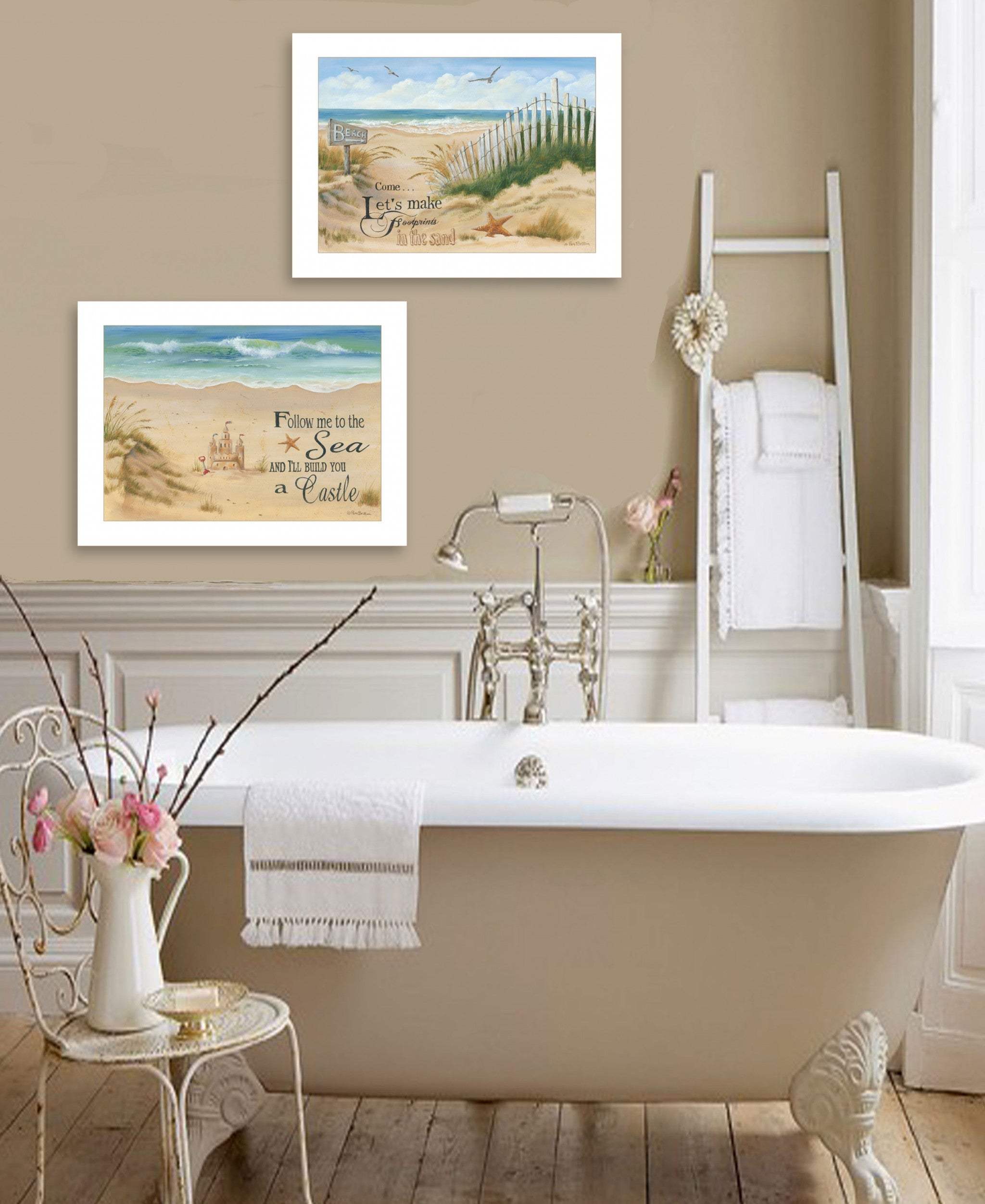 Set Of Two Sand Castle and Footprints 1 White Framed Print Wall Art - Homeroots - Flyclothing LLC