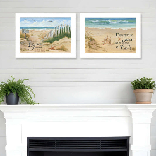 Set Of Two Sand Castle and Footprints 1 White Framed Print Wall Art - Homeroots - Flyclothing LLC