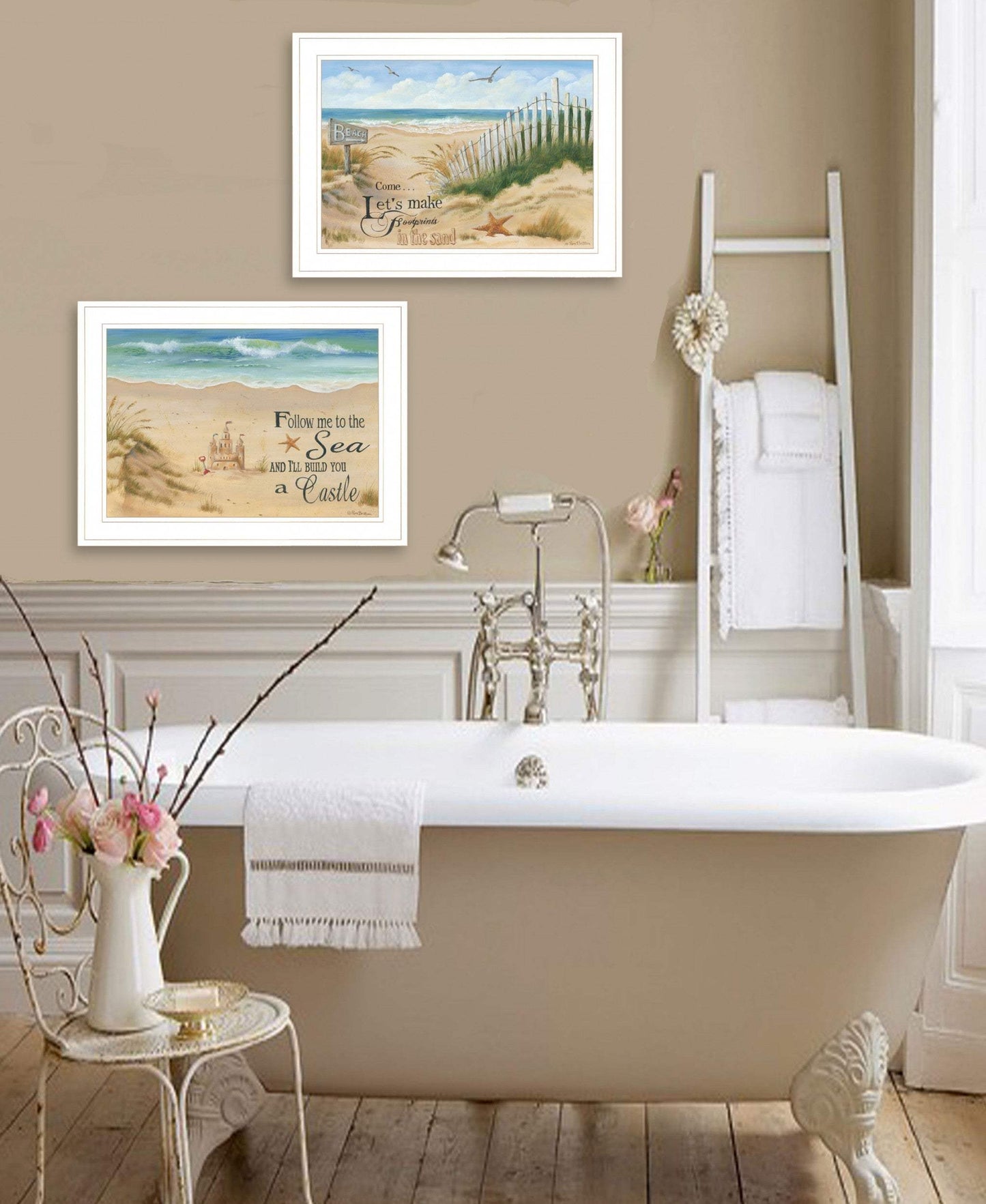 Set Of Two Sand Castle and Footprints 2 White Framed Print Wall Art - Homeroots - Flyclothing LLC