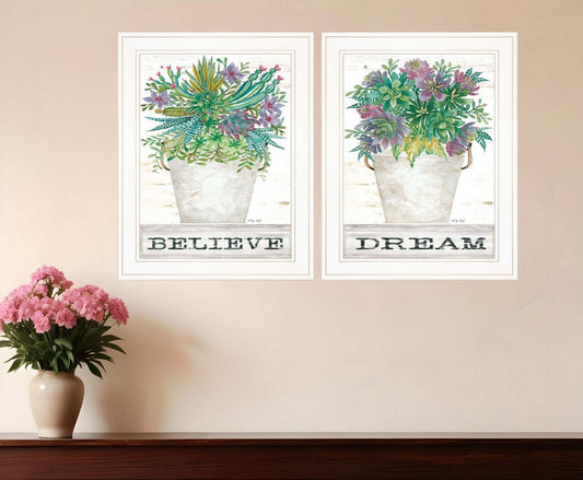 Set Of Two Succulents Dream and Believe White Framed Print Wall Art - Homeroots - Flyclothing LLC