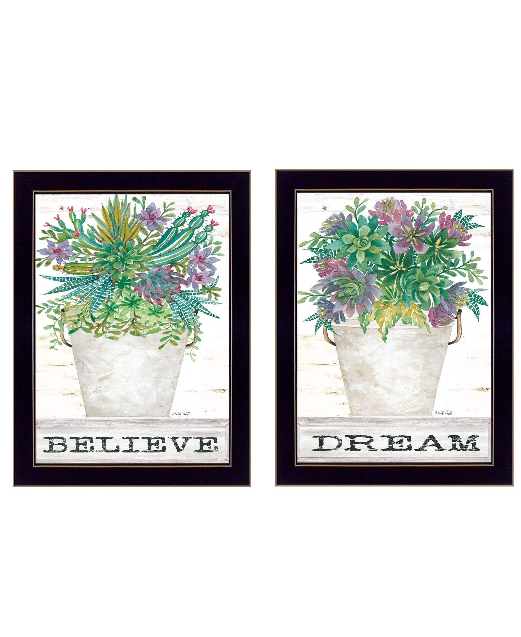 Set Of Two Succulents Dream and Believe Black Framed Print Wall Art - Homeroots - Flyclothing LLC