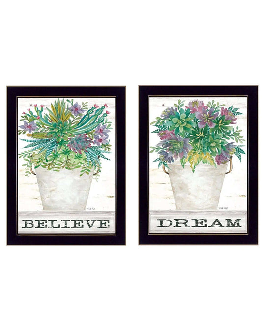 Set Of Two Succulents Dream and Believe Black Framed Print Wall Art - Homeroots - Flyclothing LLC