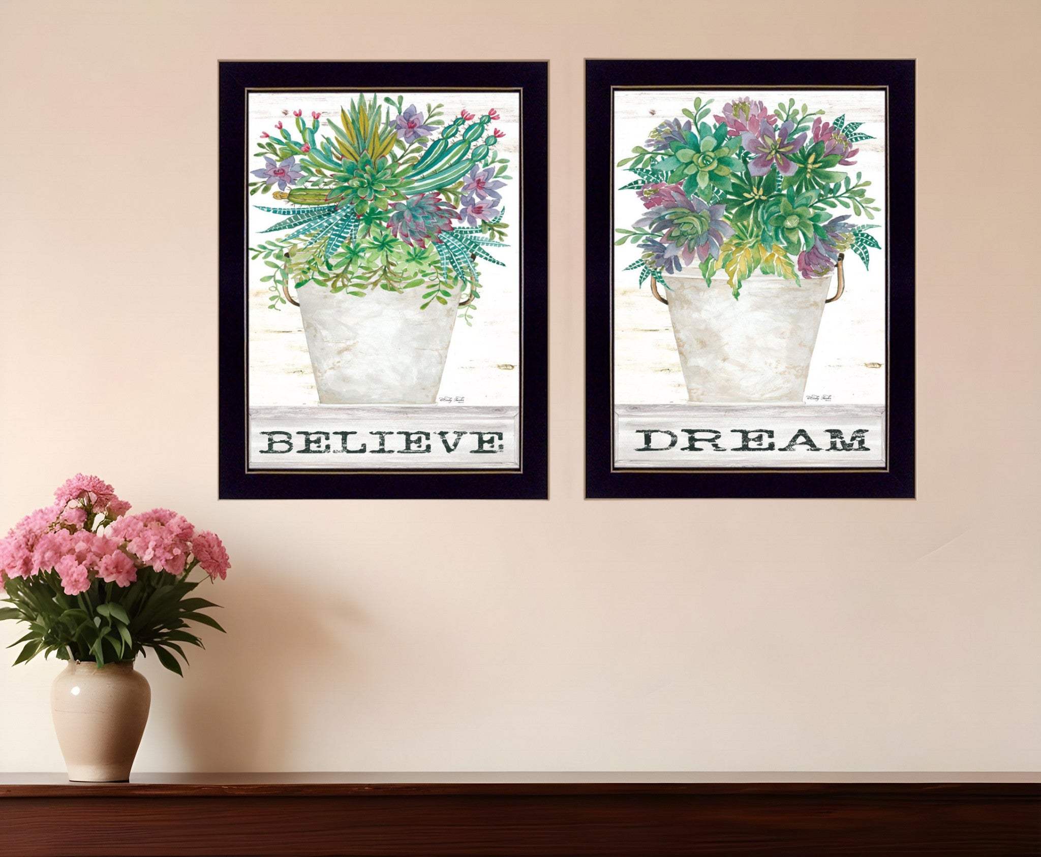 Set Of Two Succulents Dream and Believe Black Framed Print Wall Art - Homeroots - Flyclothing LLC