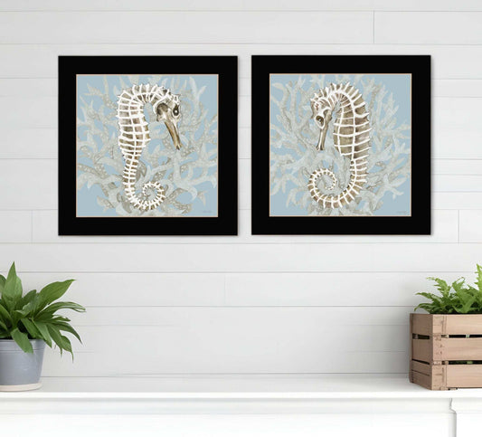 Set Of Two Coral Seahorse Black Framed Print Wall Art - Homeroots - Flyclothing LLC