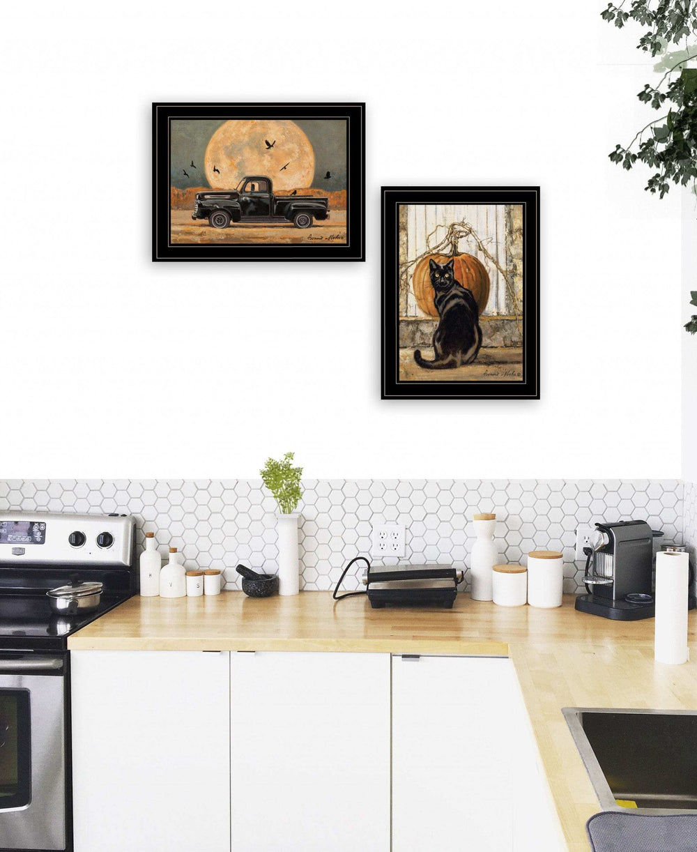 Set Of Two Harvest Moon with A Black Cat and Truck 2 Black Framed Print Kitchen Wall Art - Homeroots - Flyclothing LLC