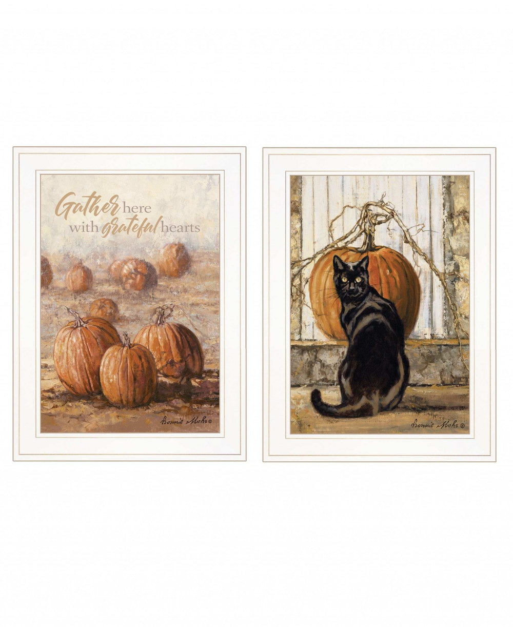Set Of Two Pumpkins with A Black Cat 1 White Framed Print Wall Art - Homeroots - Flyclothing LLC