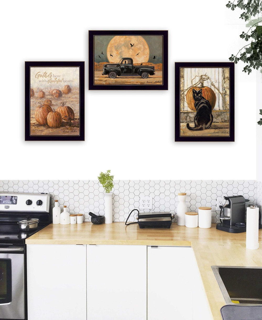 Set Of Three Harvest Moon Black Framed Print Kitchen Wall Art - Homeroots - Flyclothing LLC