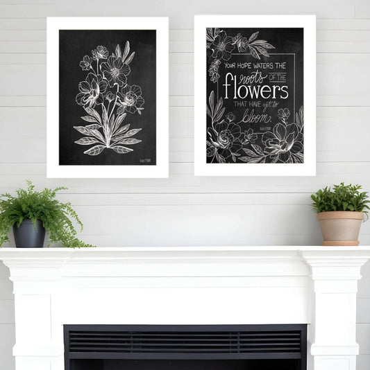 Set Of Two Black and White Flowers in Bloom White Framed Print Wall Art - Homeroots - Flyclothing LLC