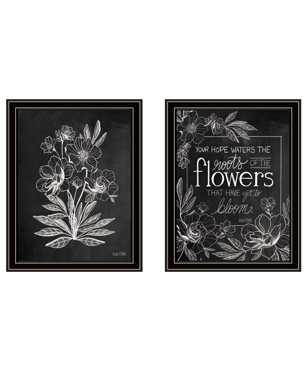 Set Of Two Vintage Chalkboard Blooms Black Framed Print Wall Art - Homeroots - Flyclothing LLC
