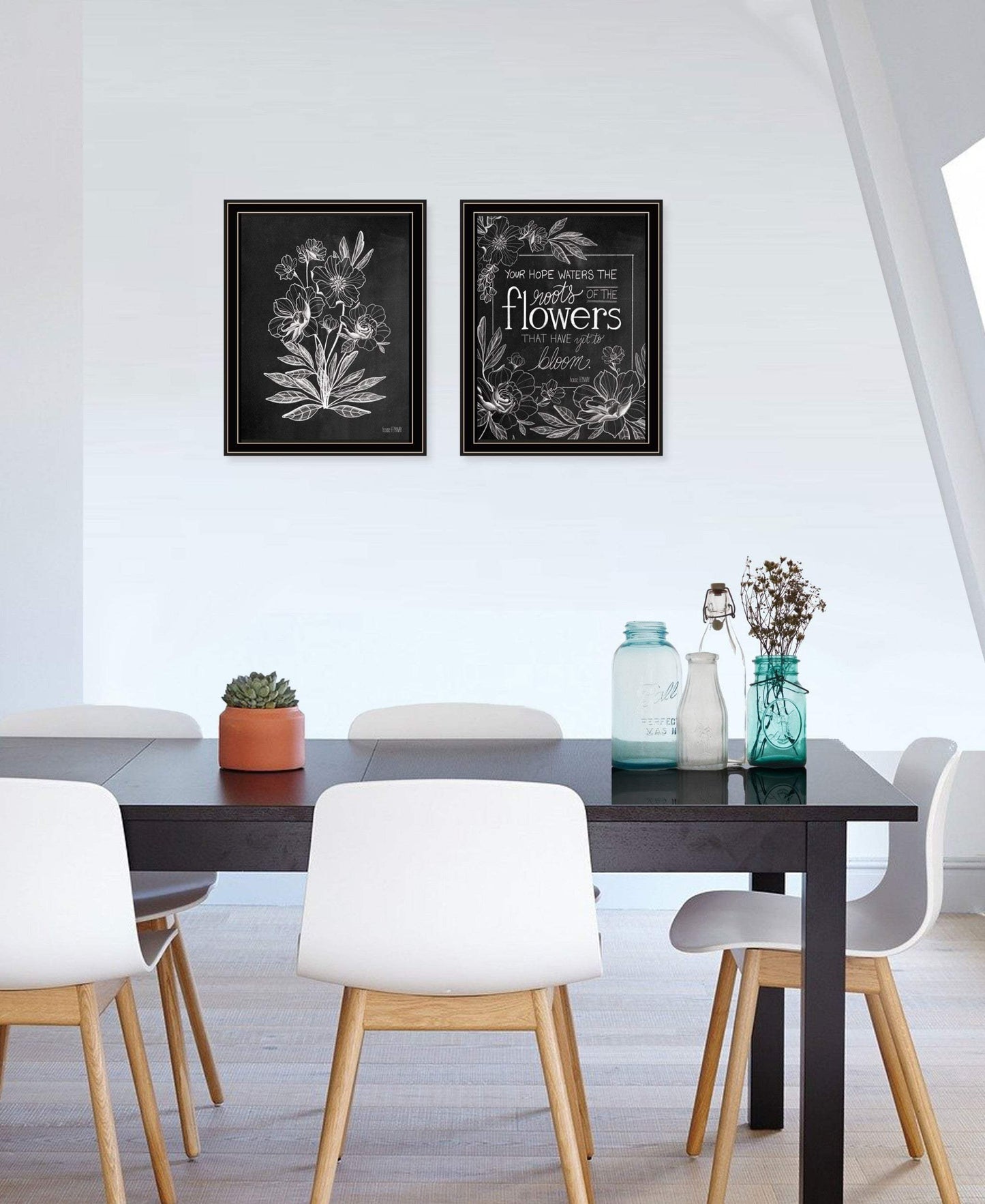 Set Of Two Vintage Chalkboard Blooms Black Framed Print Wall Art - Homeroots - Flyclothing LLC
