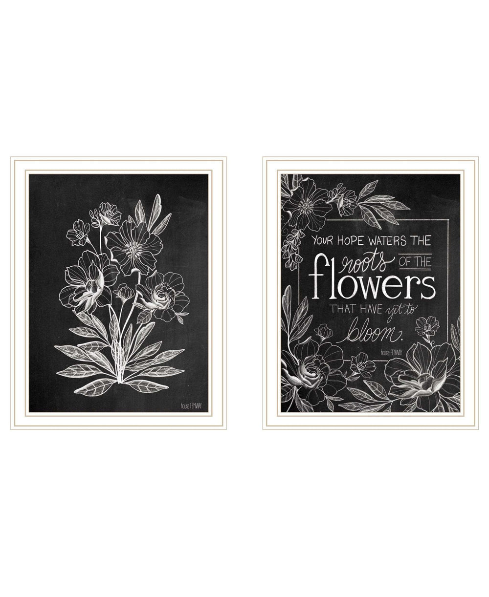 Set Of Two Vintage Chalkboard Blooms White Framed Print Wall Art - Homeroots - Flyclothing LLC