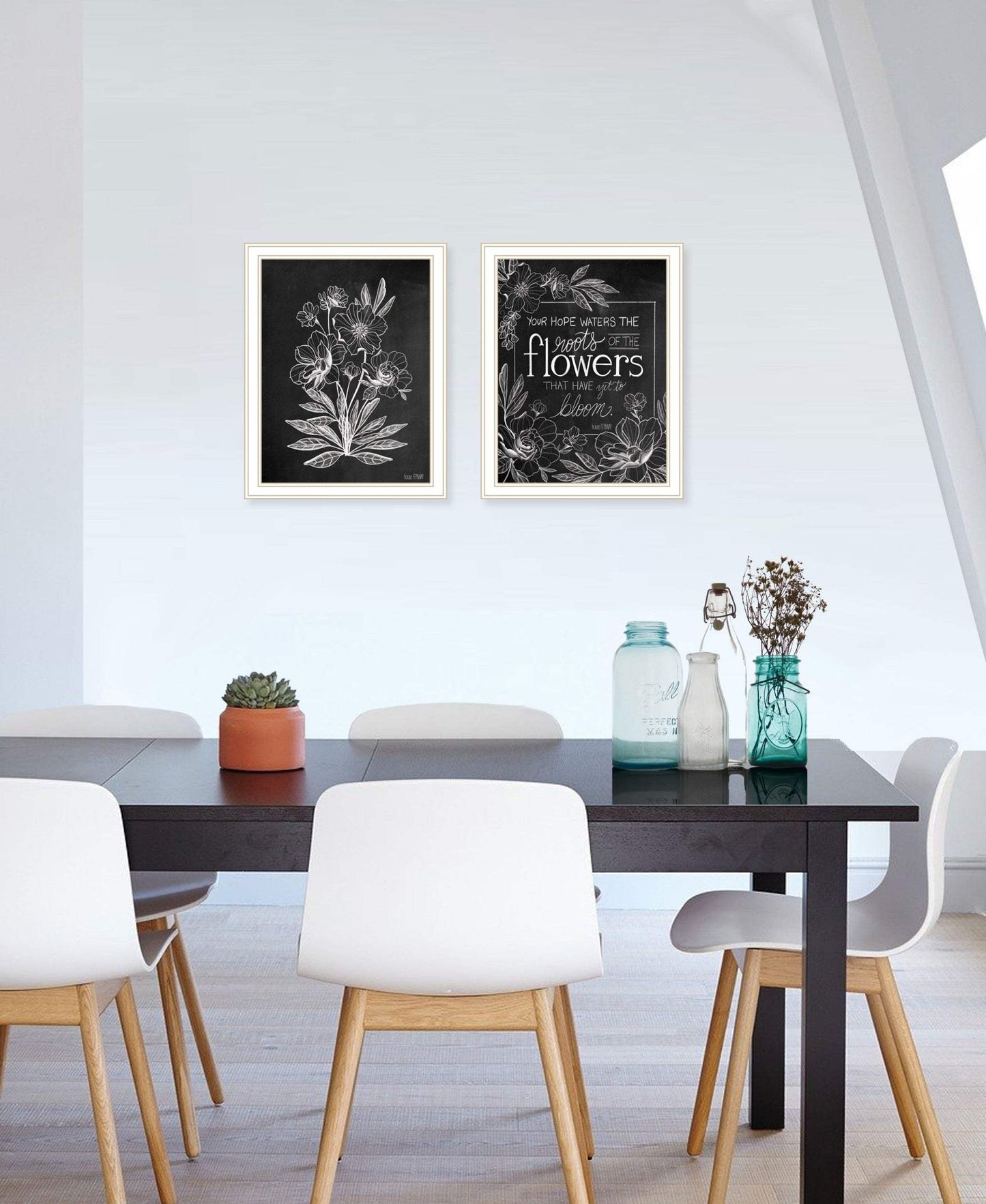 Set Of Two Vintage Chalkboard Blooms White Framed Print Wall Art - Homeroots - Flyclothing LLC