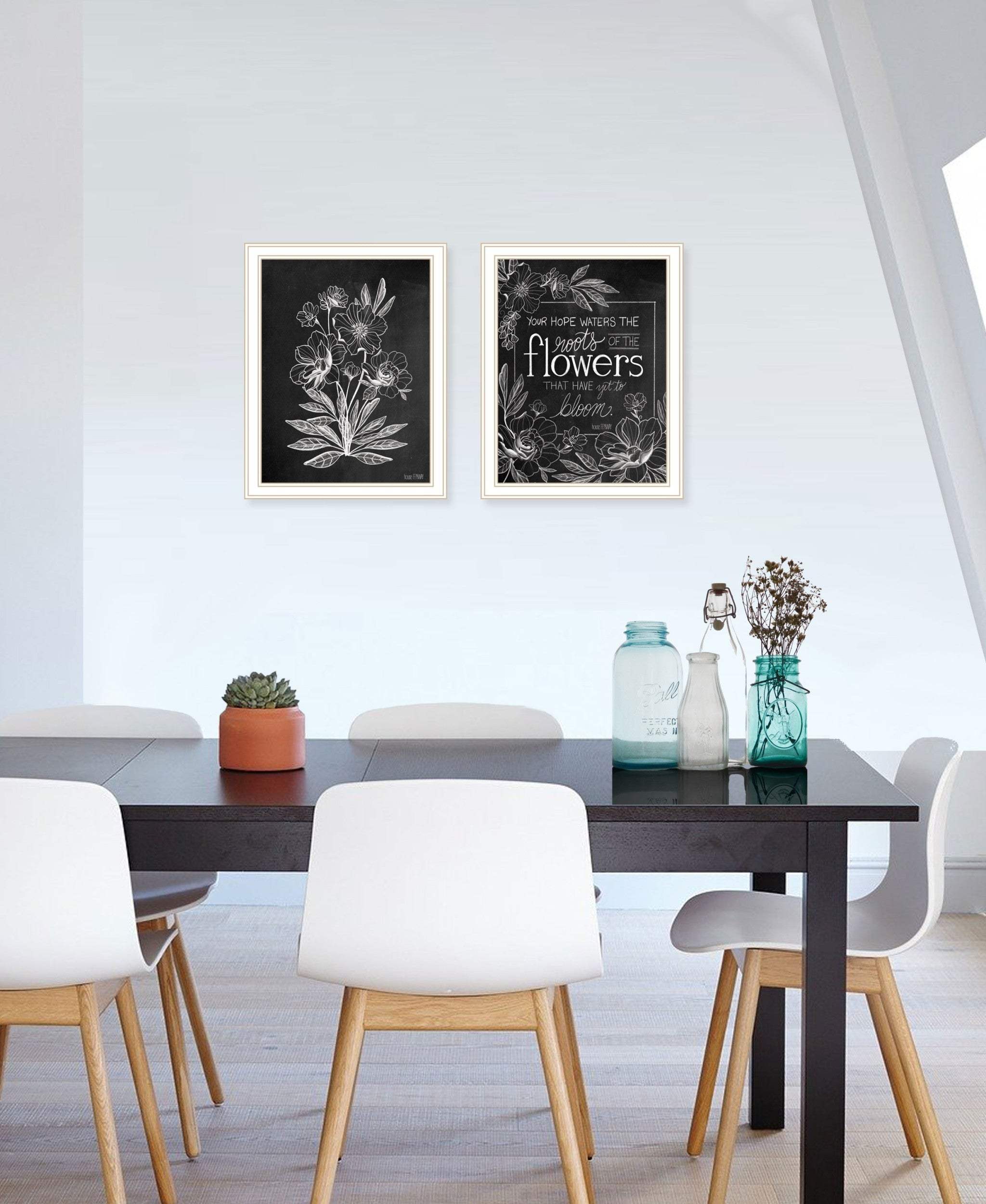 Set Of Two Vintage Chalkboard Blooms White Framed Print Wall Art - Homeroots - Flyclothing LLC