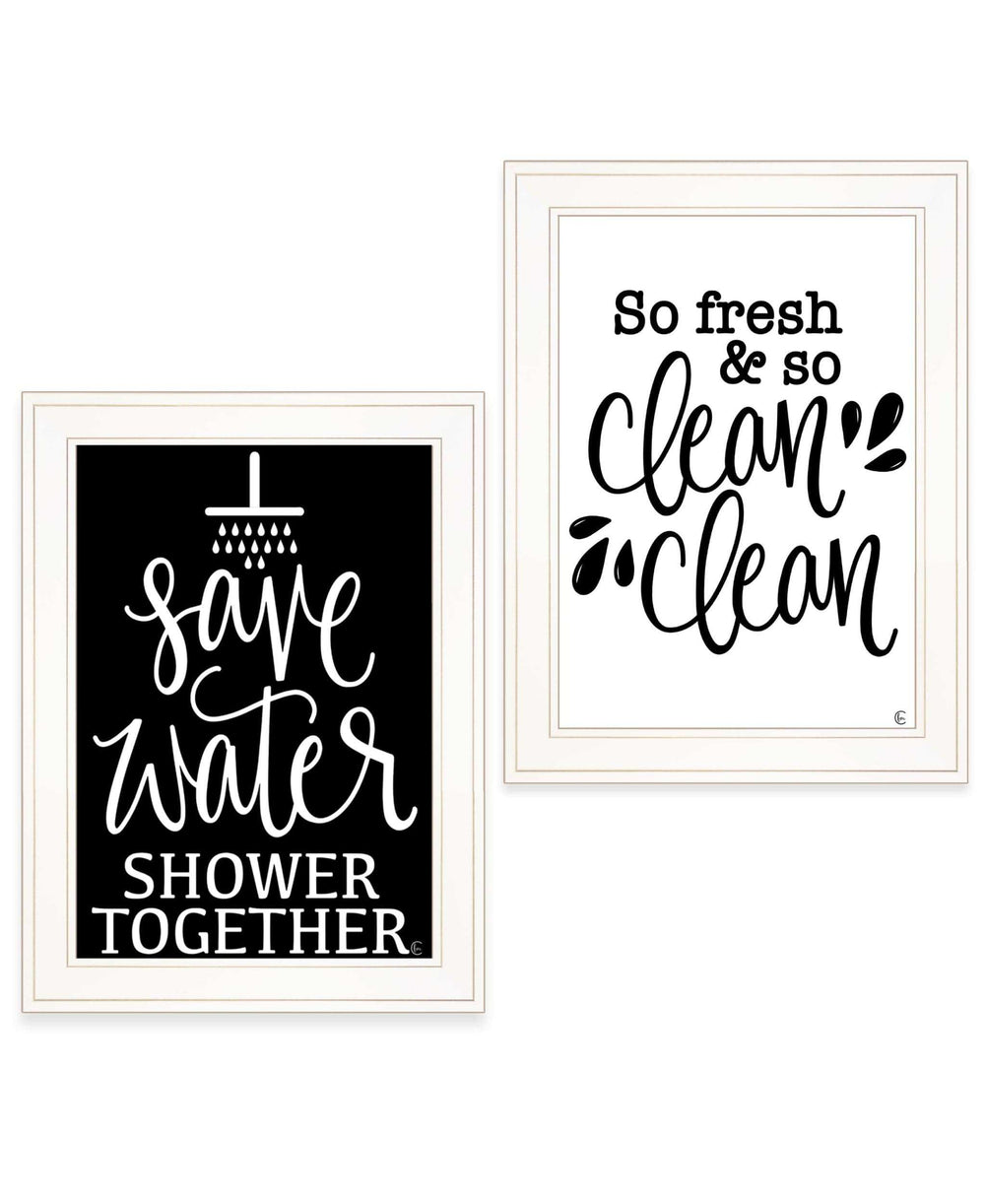 Set Of Two Clean or Shower Together White Framed Print Bathroom Wall Art - Homeroots - Flyclothing LLC