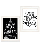 Set Of Two Clean or Shower Together White Framed Print Bathroom Wall Art - Homeroots