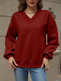 V-Neck Long Sleeve Dropped Shoulder Sweatshirt - Trendsi - Flyclothing LLC