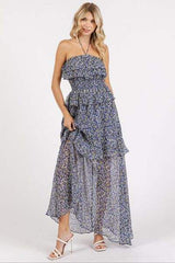 Mittoshop Ruffled Smocked Floral Halter Neck Maxi Dress - Trendsi - Flyclothing LLC