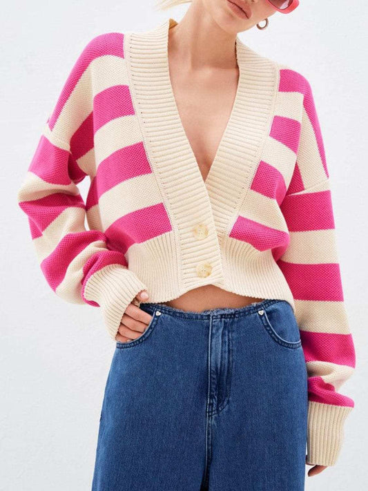 Striped Button Down Drop Shoulder Cardigan - Trendsi - Flyclothing LLC