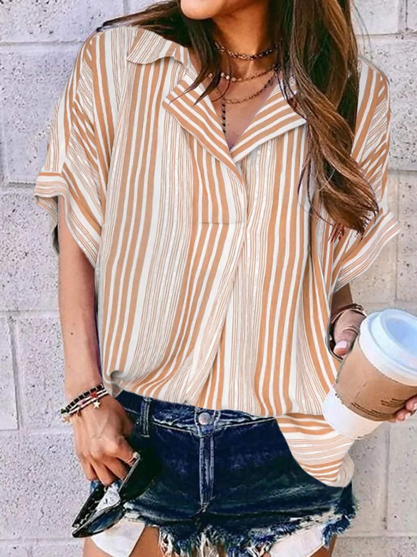Full Size Collared Neck Half Sleeve Shirt Plus Size - Trendsi - Flyclothing LLC