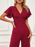 V-Neck Flutter Sleeve Jumpsuit - Trendsi - Flyclothing LLC