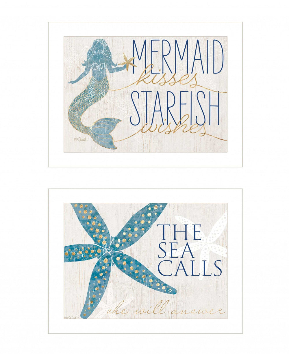 Set Of Two Mermaid Kisses Starfish Wishes 1 White Framed Print Wall Art - Homeroots - Flyclothing LLC