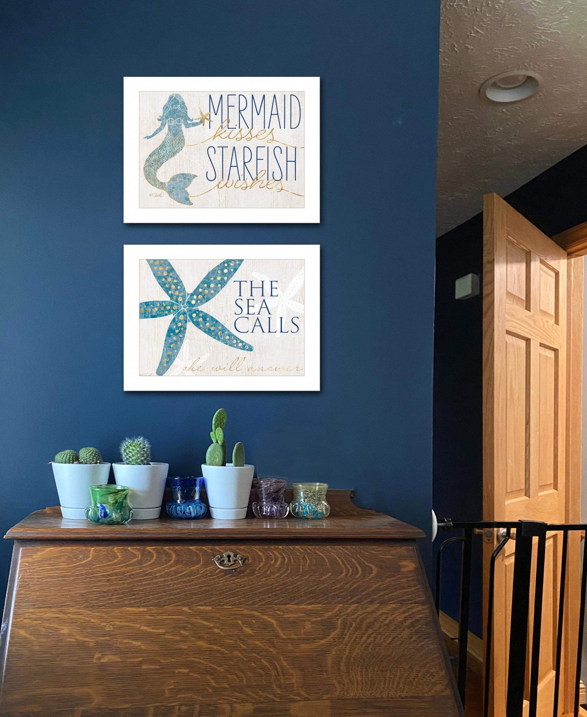 Set Of Two Mermaid Kisses Starfish Wishes 1 White Framed Print Wall Art - Homeroots - Flyclothing LLC