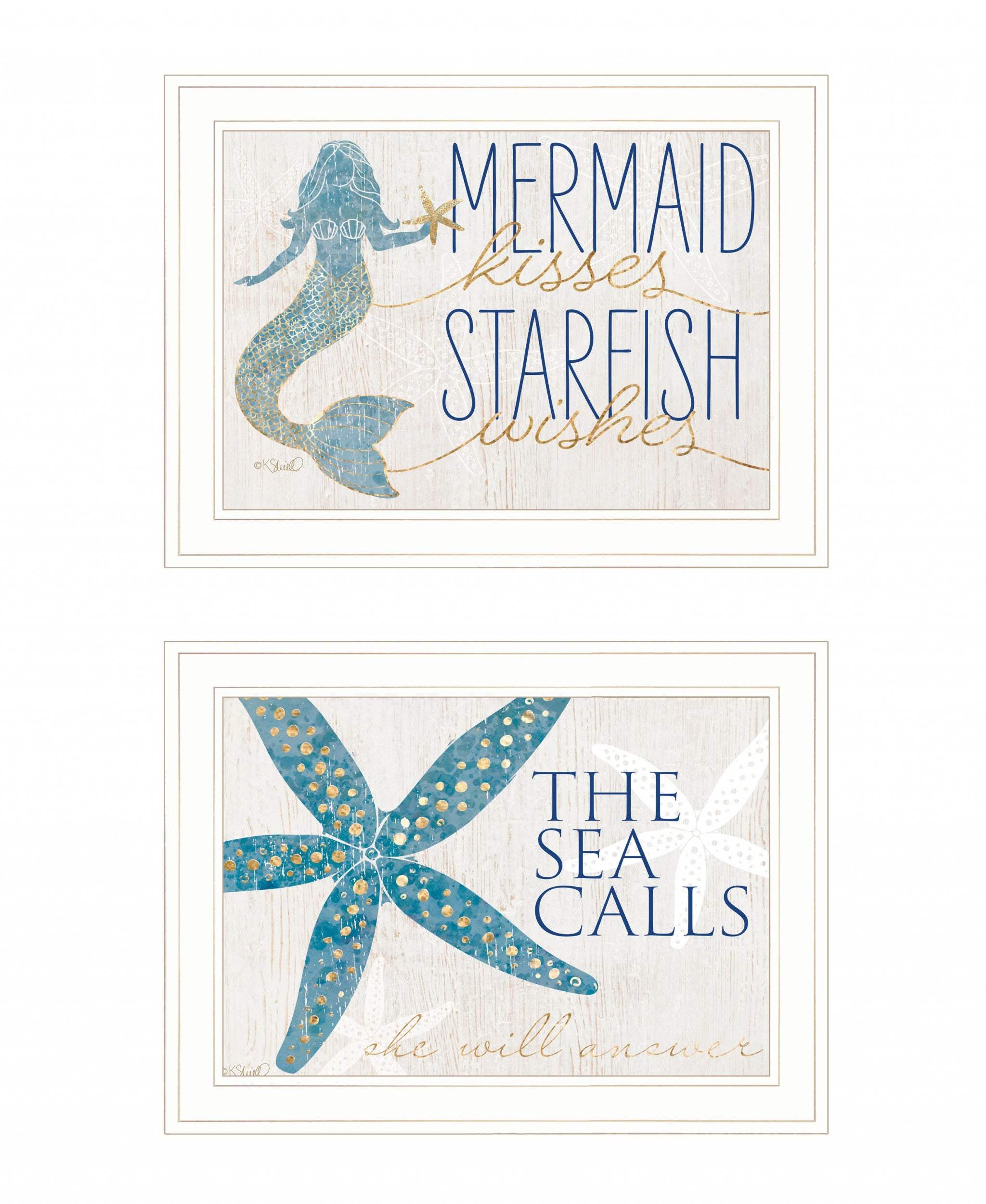 Set Of Two Mermaid Kisses Starfish Wishes 2 White Framed Print Wall Art - Homeroots - Flyclothing LLC